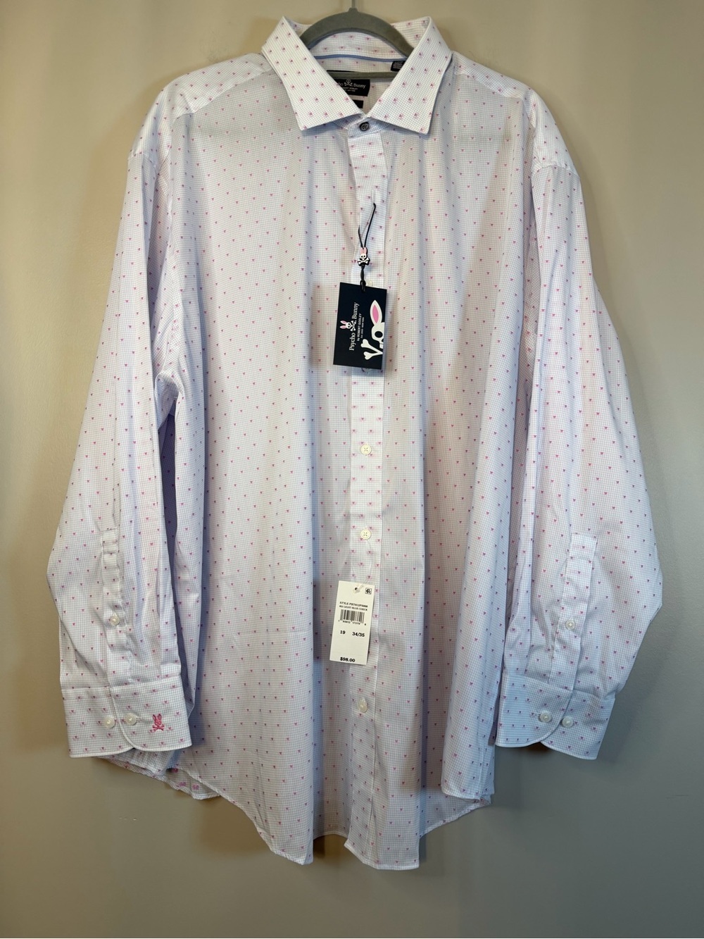 Psycho Bunny Men's White Button-Up Shirt with Pink Dot Pattern